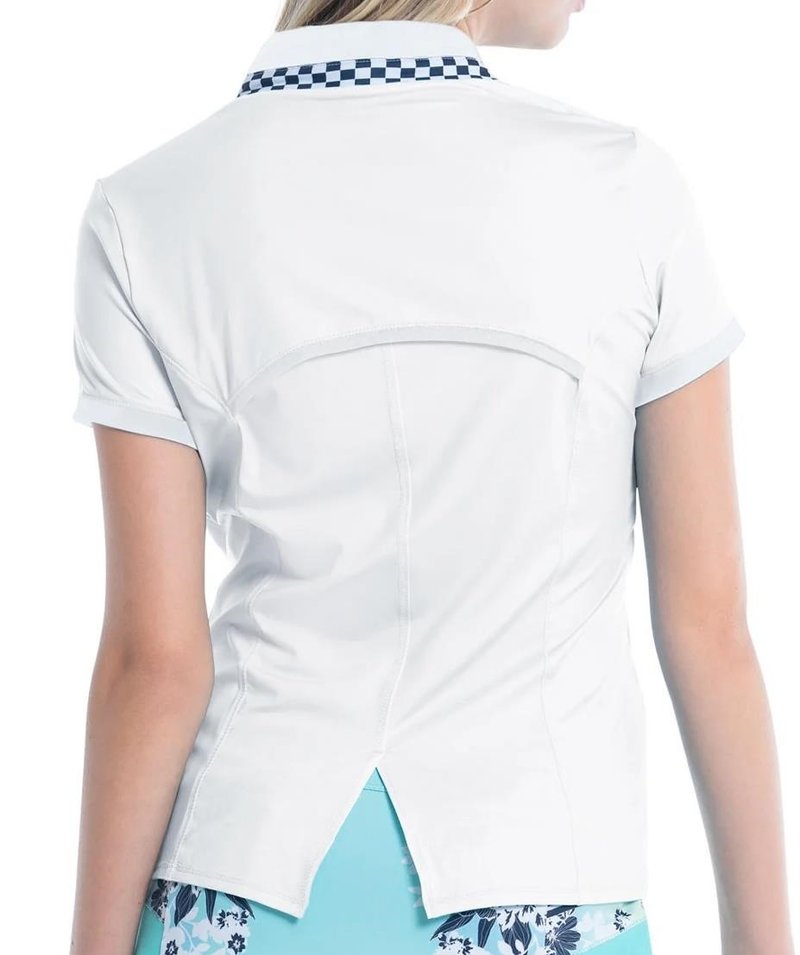 Lucky in Love Geo Mod Notch women's polo, white