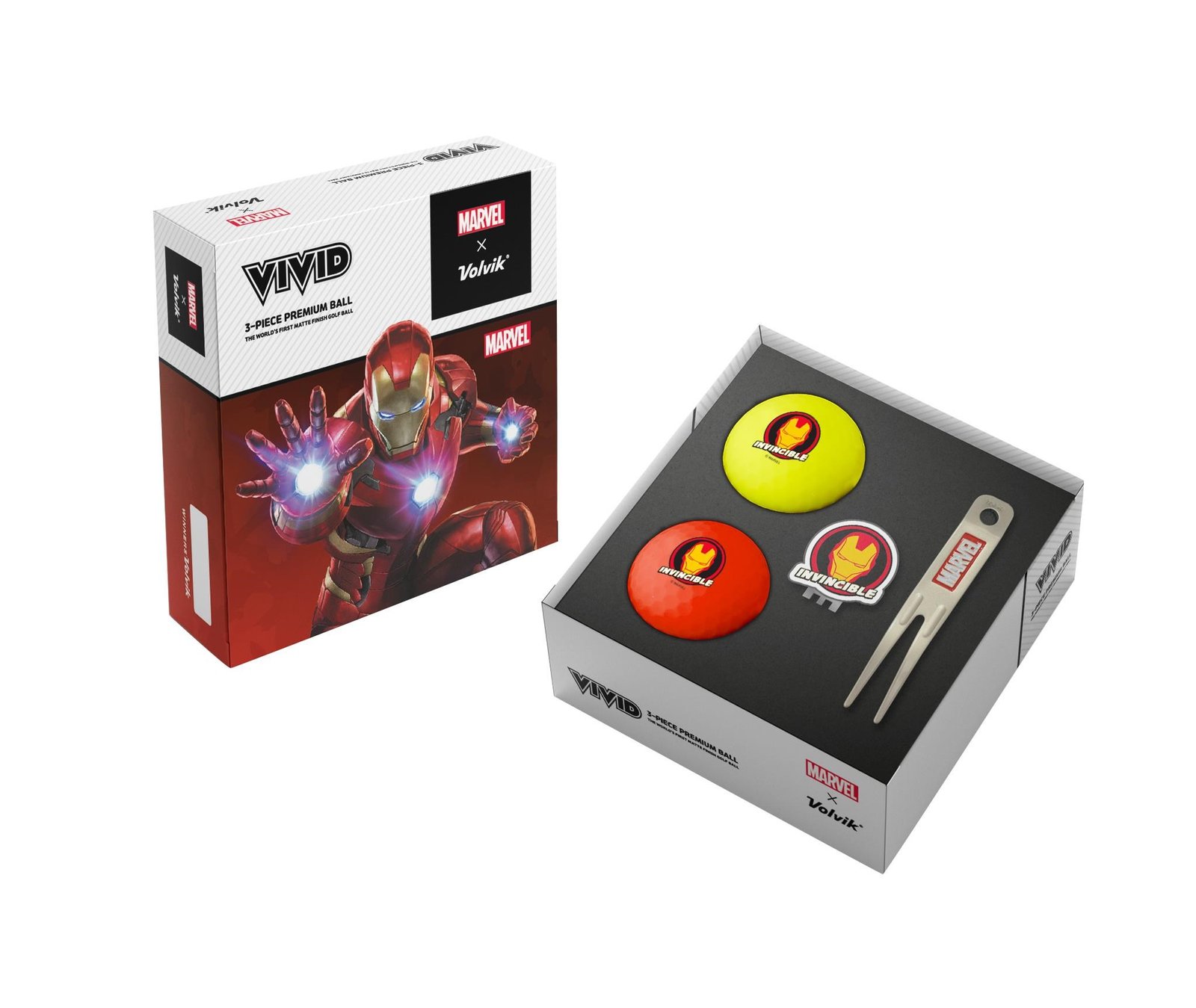 Volvik VIVID MARVEL IRONMAN golf pack (2 balls + ballmarker + pitchfork), mix of colors