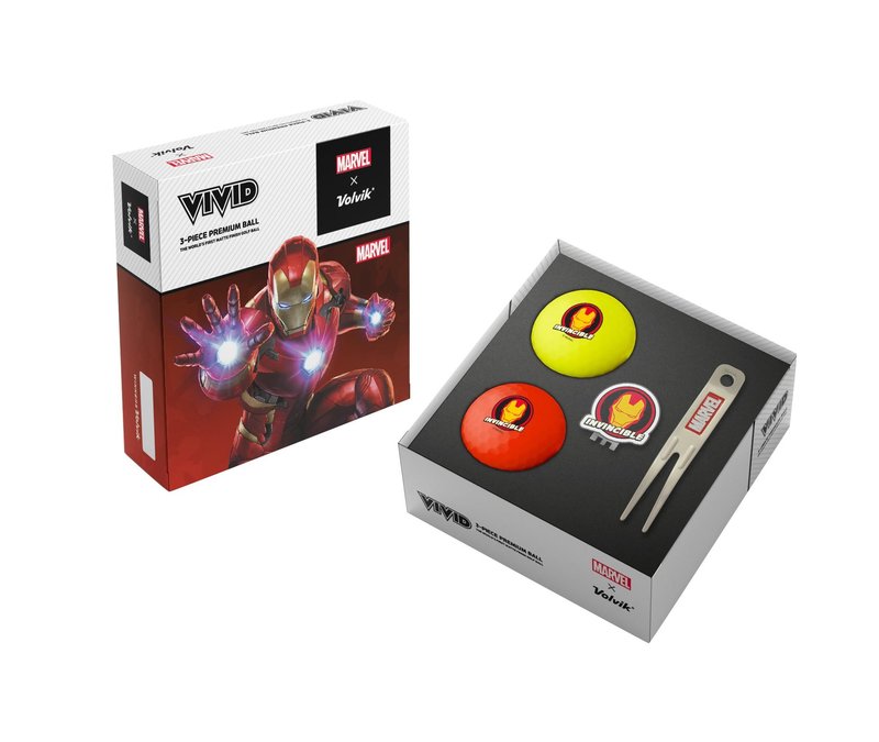 Volvik VIVID MARVEL IRONMAN golf pack (2 balls + ballmarker + pitchfork), mix of colors
