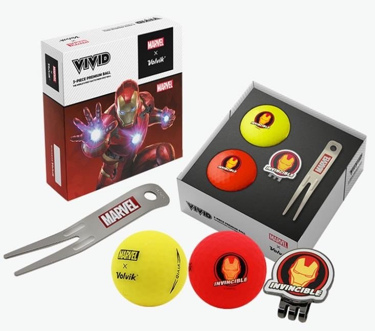 Volvik VIVID MARVEL IRONMAN golf pack (2 balls + ballmarker + pitchfork), mix of colors