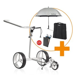 JuStar Carbon Light SET (incl. umbrella, scorecard holder, carry bag, el. parking brake) electric trolley, titanium