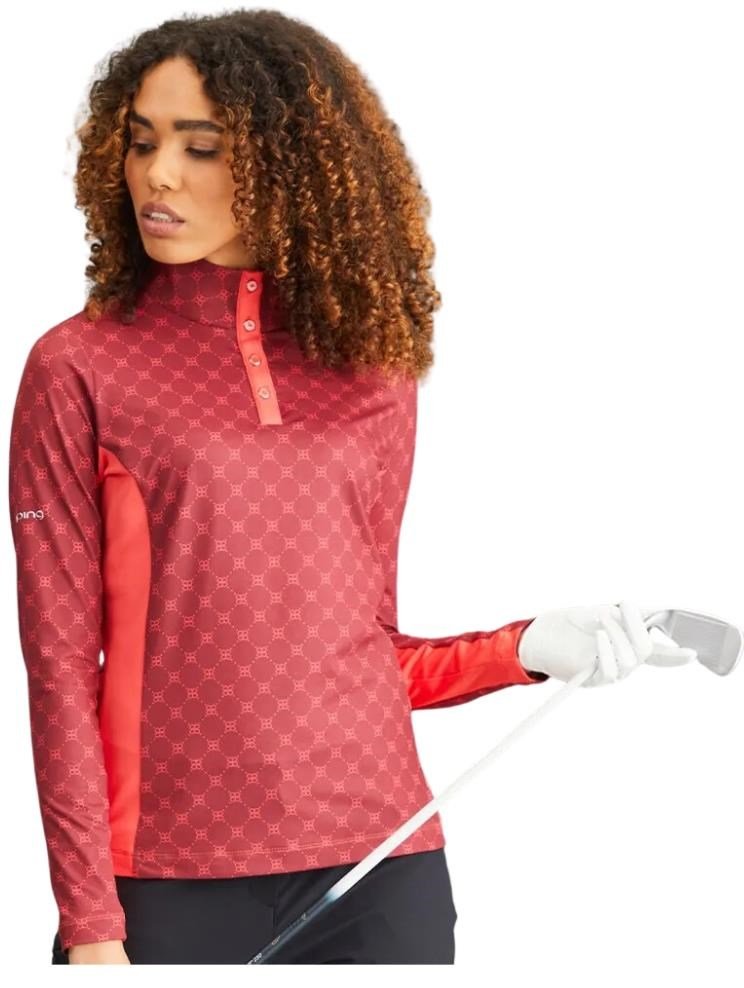 PING Lolette Printed long sleeve women's polo, tibetan red multi/cayenne