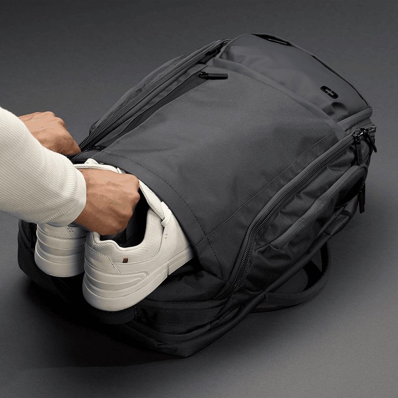 Ogio Pace Pro Max 45L Travel Pack bag, grey pinstripe