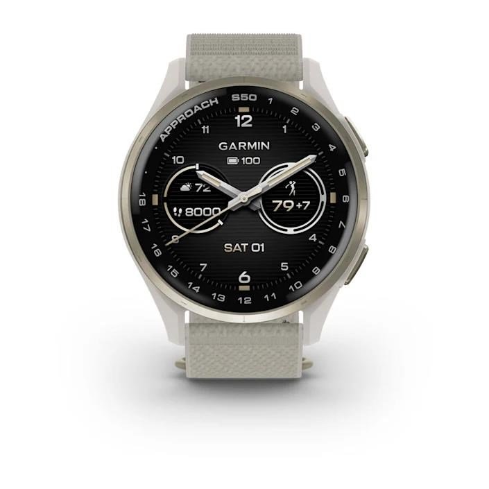 Garmin Approach S50 GPS Watch, ivory nylon/cream gold aluminium