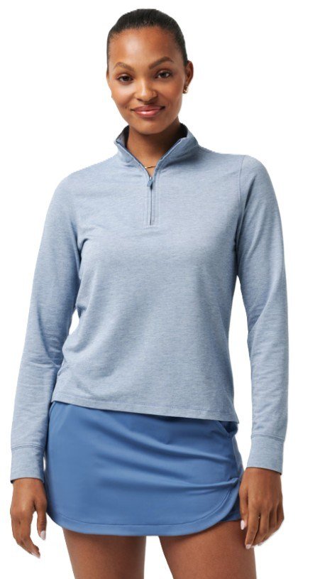 Travis Mathew Featherweightt Active Zip Long Sleeve women's polo, heather copen blue