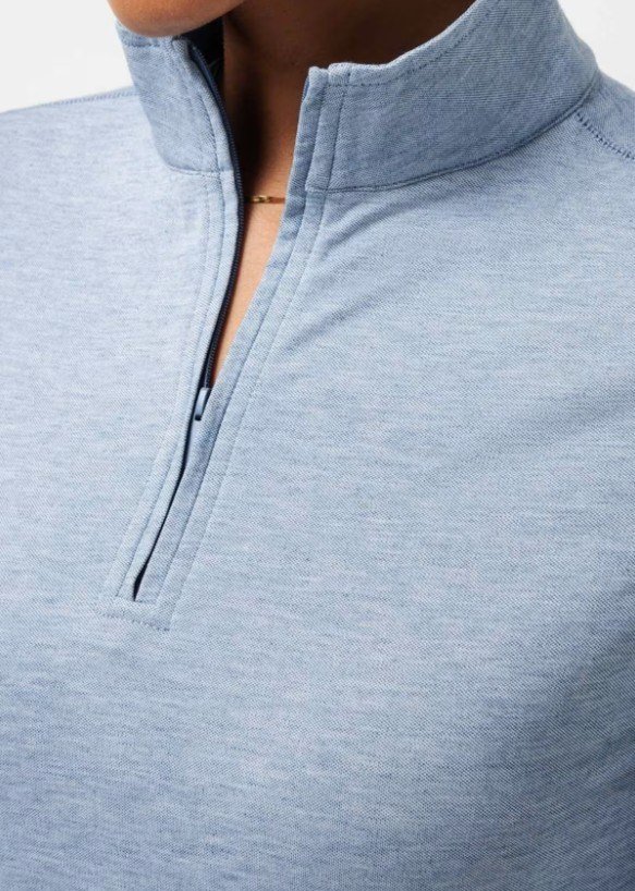 Travis Mathew Featherweightt Active Zip Long Sleeve women's polo, heather copen blue