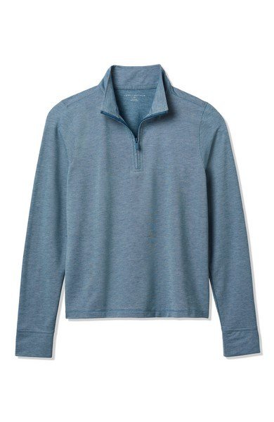 Travis Mathew Featherweightt Active Zip Long Sleeve women's polo, heather copen blue