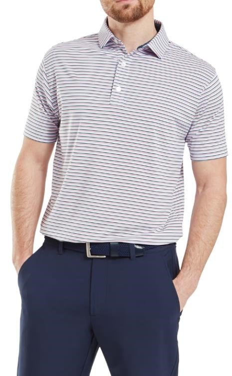 FootJoy Balance Stripe Lisle men's polo, skyway/white/dark denim/pink lemonade