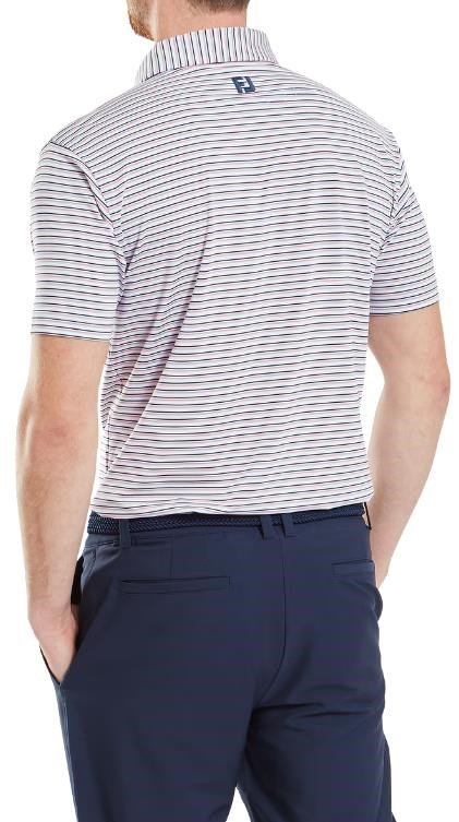 FootJoy Balance Stripe Lisle men's polo, skyway/white/dark denim/pink lemonade