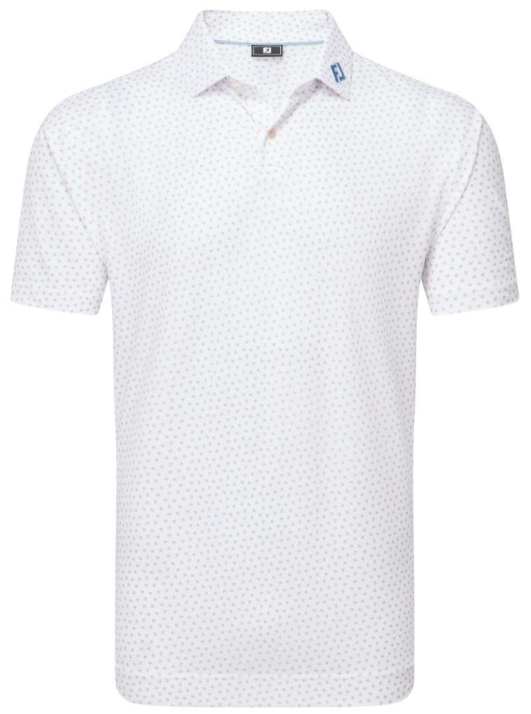 FootJoy Bounce Print Pique men's polo, white/orange/blue jay