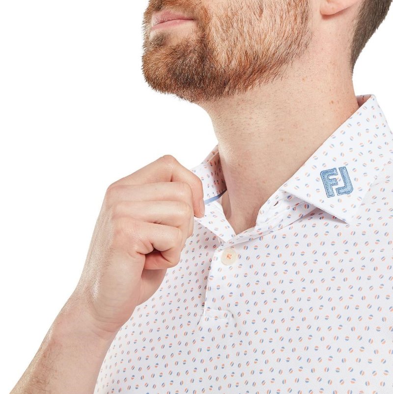 FootJoy Bounce Print Pique men's polo, white/orange/blue jay