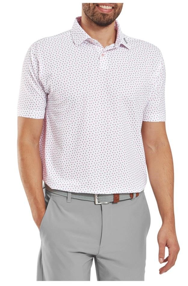 FootJoy Bounce Print Pique men's polo, white/hibiscus