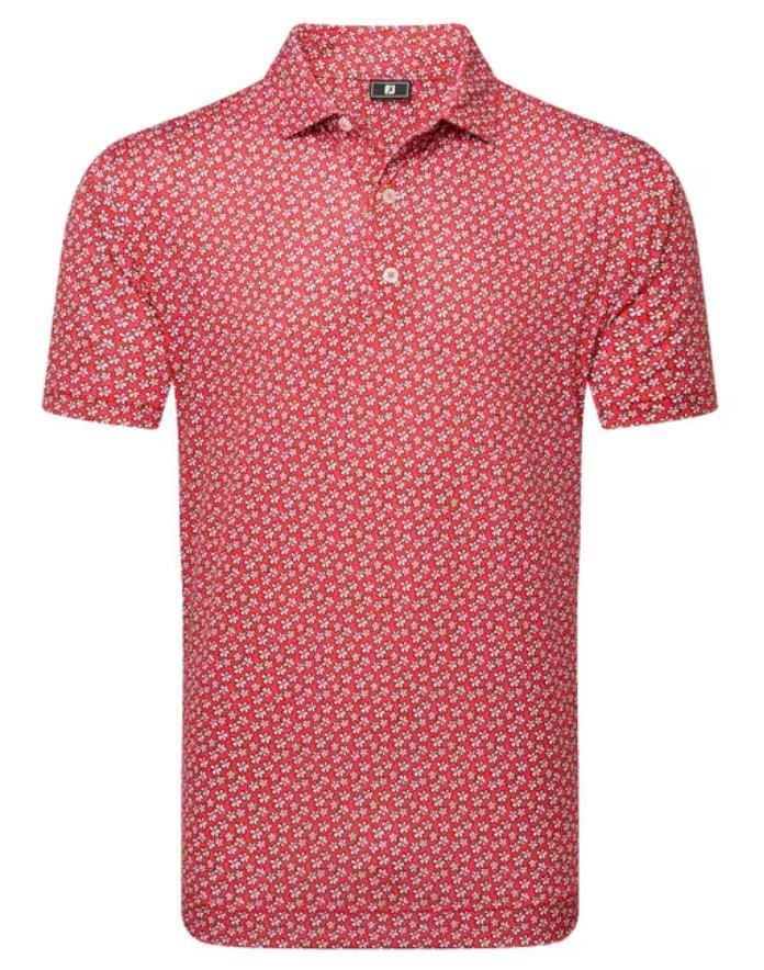 FootJoy Floral Sketch Print Lisle men's polo, white/hibiscus