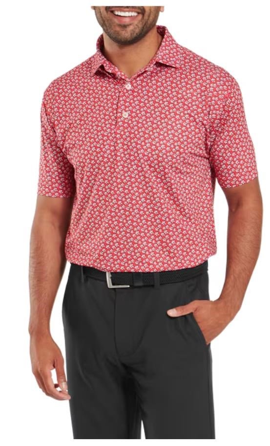 FootJoy Floral Sketch Print Lisle men's polo, white/hibiscus