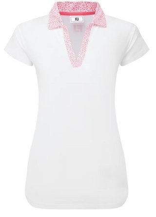 FootJoy Cap Sleeve Print Trim Lisle women's polo, white/pink lemonade