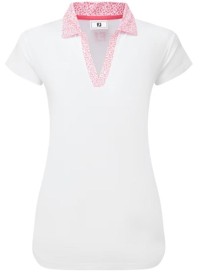 FootJoy Cap Sleeve Print Trim Lisle women's polo, white/pink lemonade
