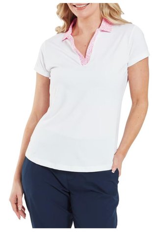 FootJoy Cap Sleeve Print Trim Lisle women's polo, white/pink lemonade