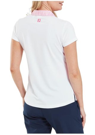 FootJoy Cap Sleeve Print Trim Lisle women's polo, white/pink lemonade