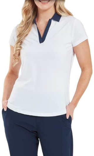 FootJoy Cap Sleeve Print Trim Lisle women's polo, white/navy