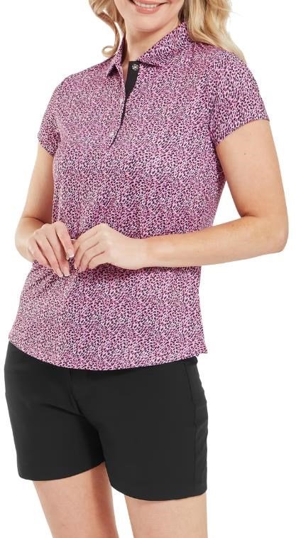 FootJoy Animal Print Cap Sleeve women's polo, white/berry/black