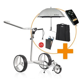 JuStar Carbon Light SET (incl. umbrella, scorecard holder, carry bag, el. parking brake) + REMOTE CONTROL electric trolley, titanium