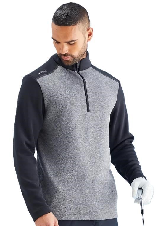 PING Ramsey half zip ribbed fleece men's pullover, black marl/black