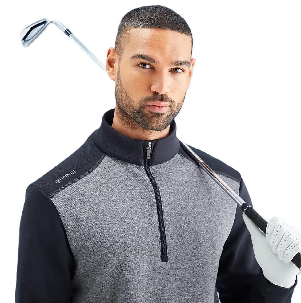 PING Ramsey half zip ribbed fleece men's pullover, black marl/black