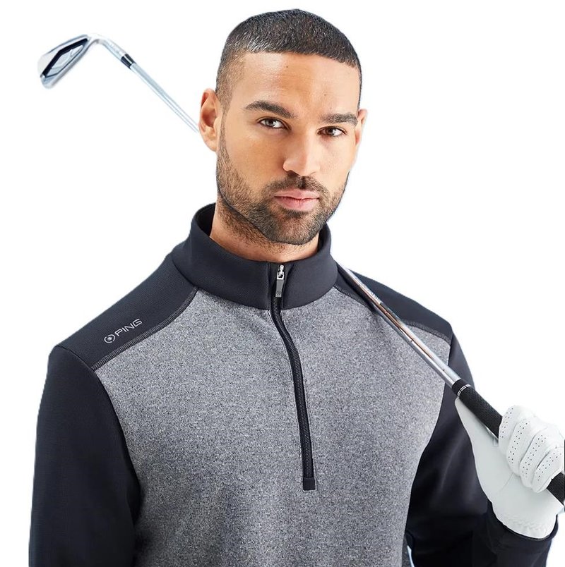 PING Ramsey half zip ribbed fleece men's pullover, black marl/black