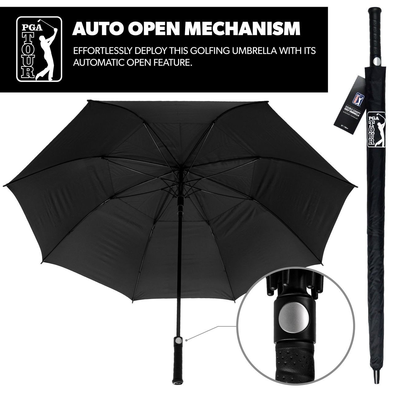 PGA Tour Windproof Double Canopy 62" Umbrella, black