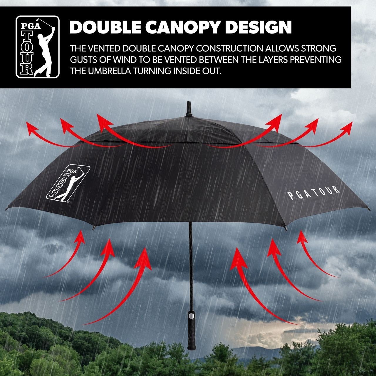 PGA Tour Windproof Double Canopy 62" Umbrella, black