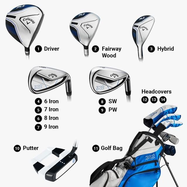 Callaway XT 26 11PC junior golf set, graphite, + stand bag, blue/white