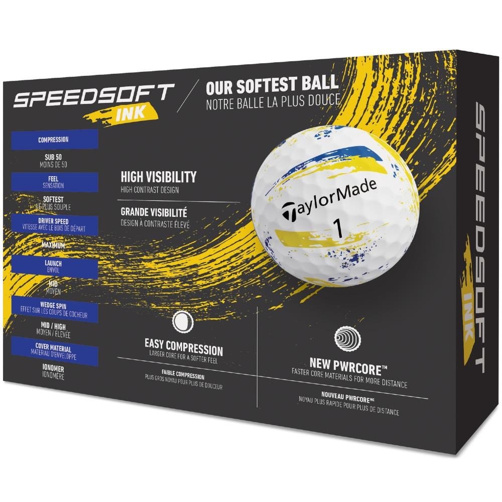 TaylorMade SpeedSoft Ink golf balls 2026, yellow/blue