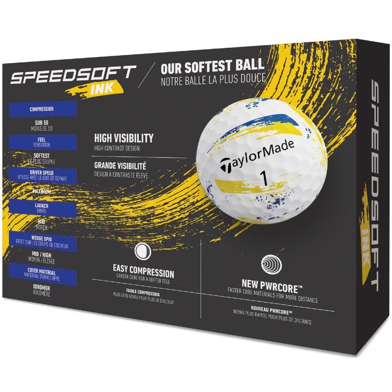 TaylorMade SpeedSoft Ink golf balls 2026, yellow/blue