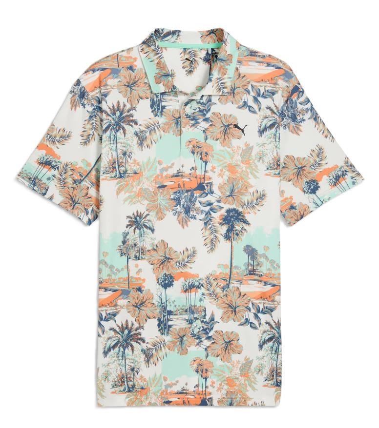 Puma Cloudspun Palm men's polo, warm white/mint jelly/melon glow