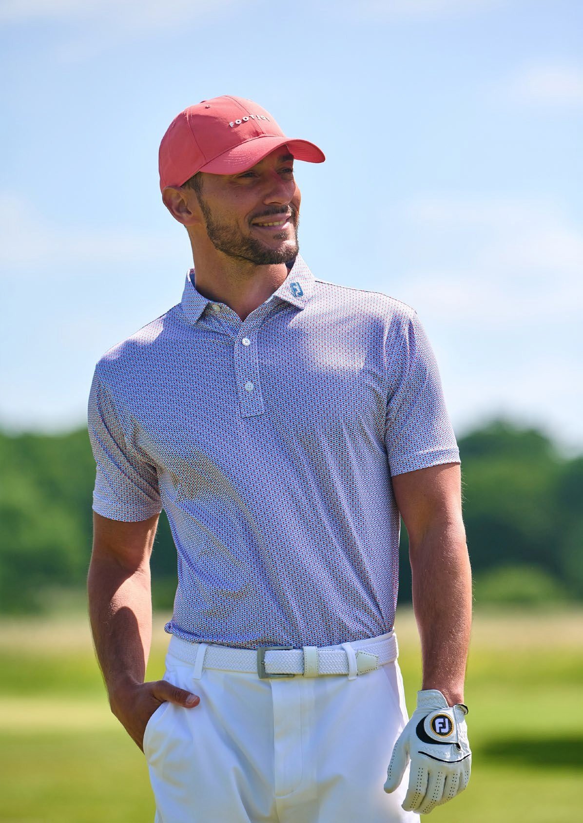 FootJoy Nautical Flag Print Lisle men's polo, nantucket red/coastal blue