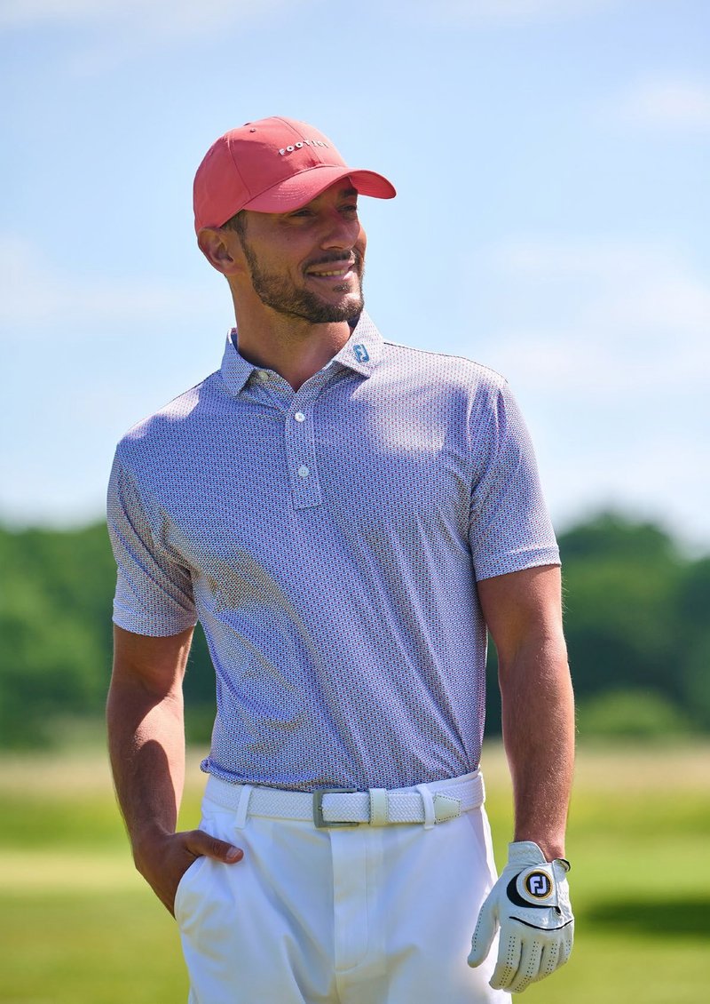 FootJoy Nautical Flag Print Lisle men's polo, nantucket red/coastal blue
