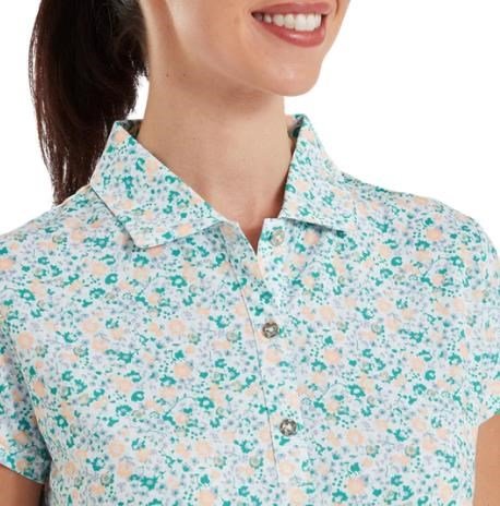 FootJoy Cap Sleeve Lisle women's polo, tile blue floral print