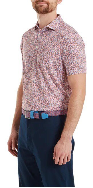 FootJoy Meadow Print Lisle men's polo, nantucket red/hambray/coastal blue