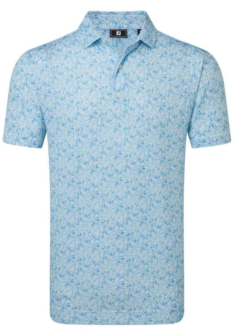 FootJoy Meadow Print Lisle men's polo, blue reef/sea glass/deep reef