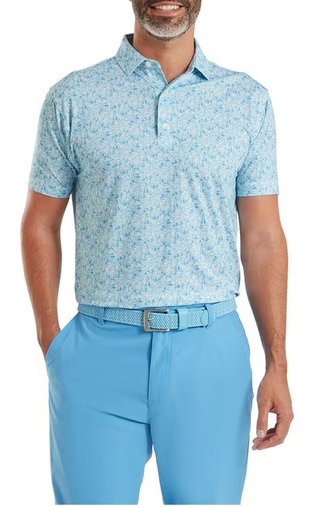 FootJoy Meadow Print Lisle men's polo, blue reef/sea glass/deep reef