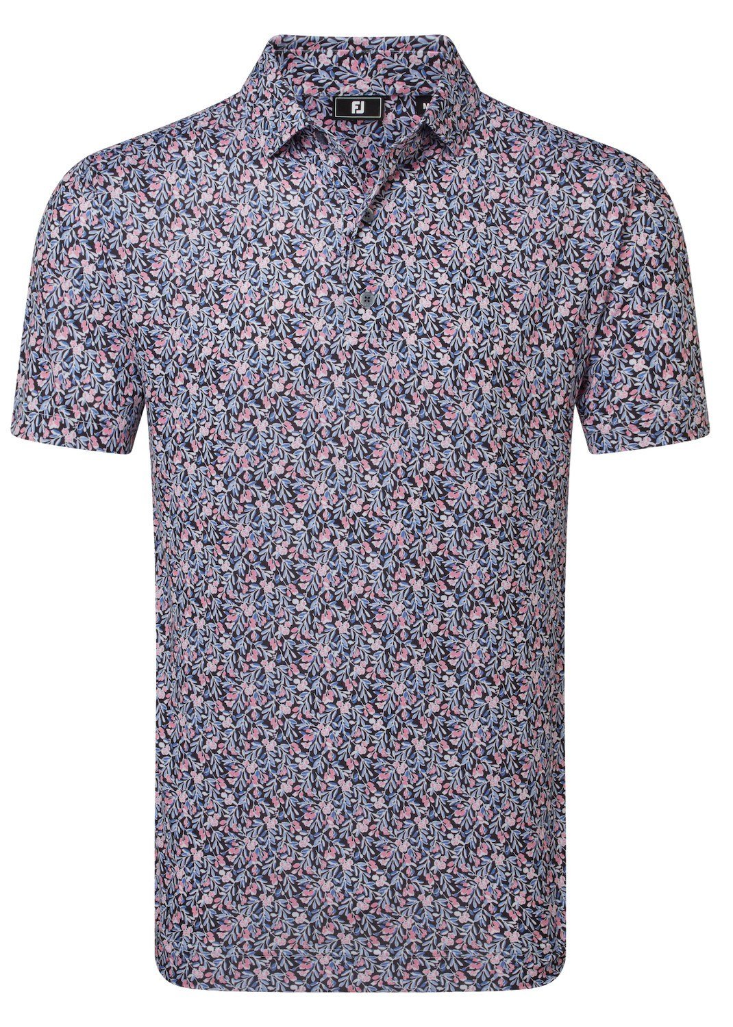 FootJoy Meadow Print Lisle men's polo, black/vivid violet/pink pop
