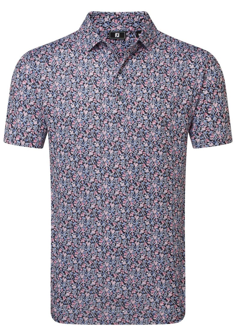 FootJoy Meadow Print Lisle men's polo, black/vivid violet/pink pop