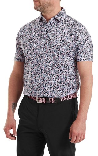 FootJoy Meadow Print Lisle men's polo, black/vivid violet/pink pop