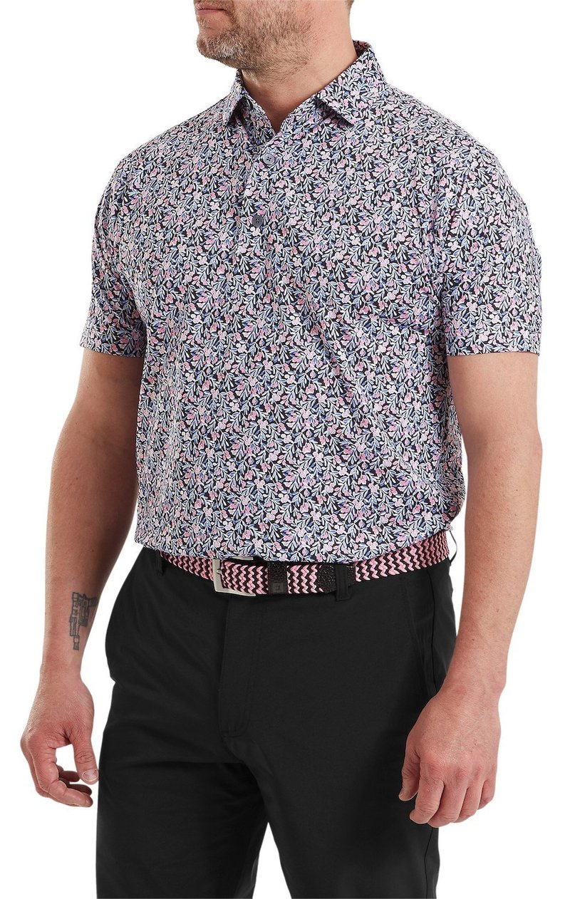 FootJoy Meadow Print Lisle men's polo, black/vivid violet/pink pop