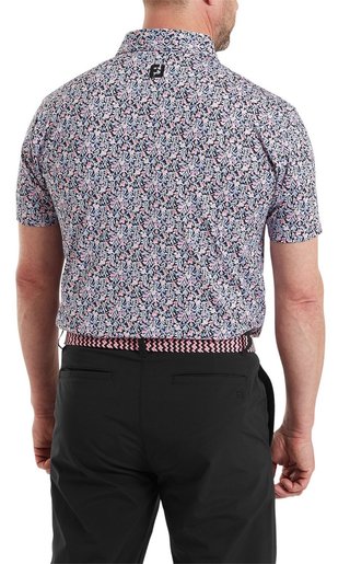 FootJoy Meadow Print Lisle men's polo, black/vivid violet/pink pop