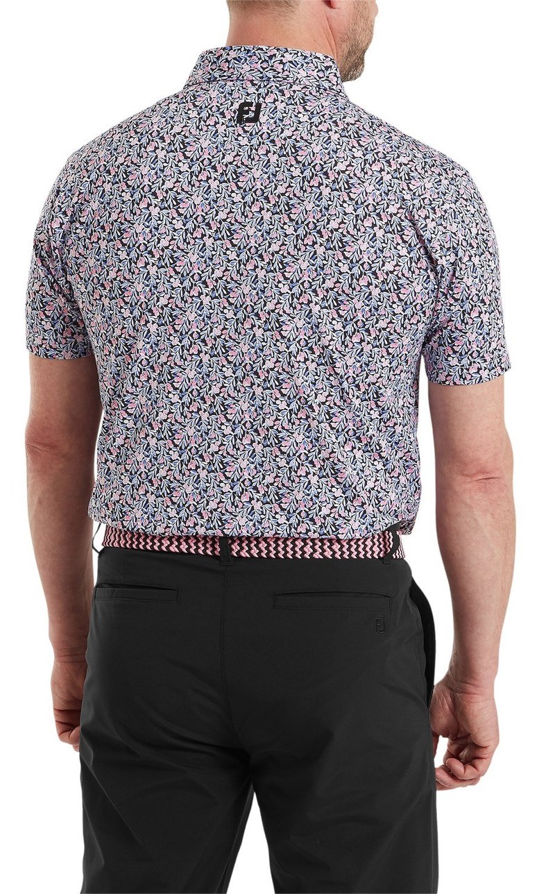 FootJoy Meadow Print Lisle men's polo, black/vivid violet/pink pop