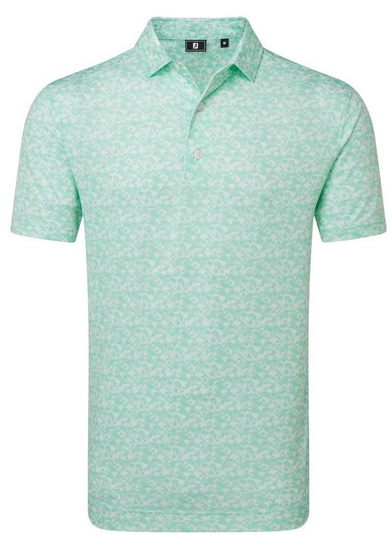 FootJoy Hidden Palm Print Lisle men's polo, sea glass/white