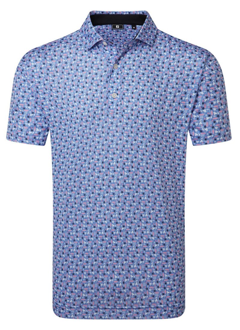 FootJoy Surfs Up Print Lisle men's polo, white/vivid violet/pink pop/black