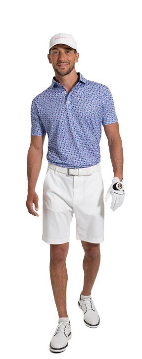 FootJoy Surfs Up Print Lisle men's polo, white/vivid violet/pink pop/black