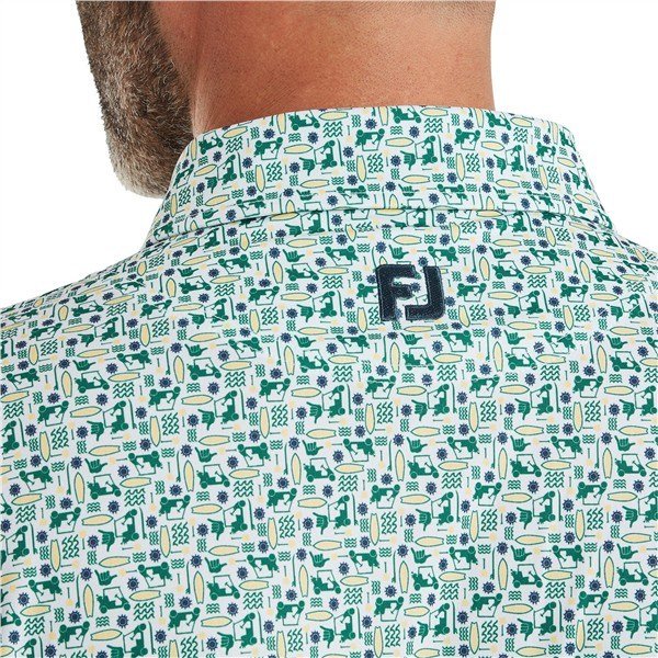 FootJoy Surfs Up Print Lisle men's polo, field green/white/sunshine/navy